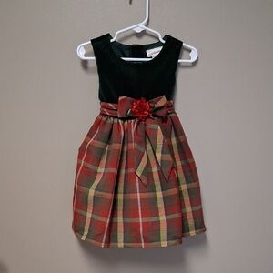 Youngland Festive Plaid Dress with Green Velvet Bodice